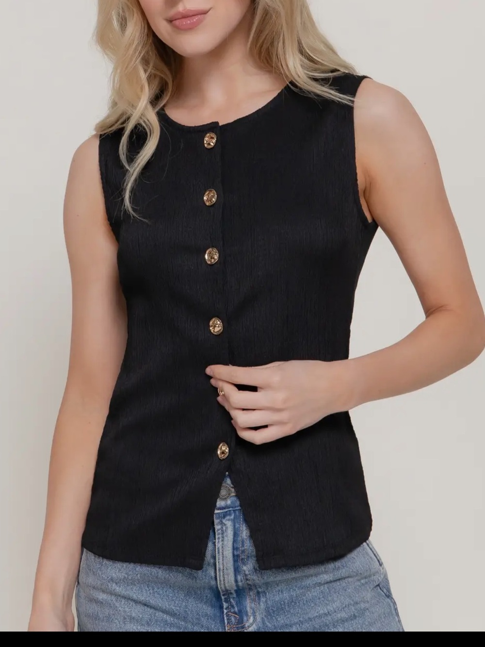 ShopEvelynne Black Sleeveless Button-Front Camisole with Gold Buttons
